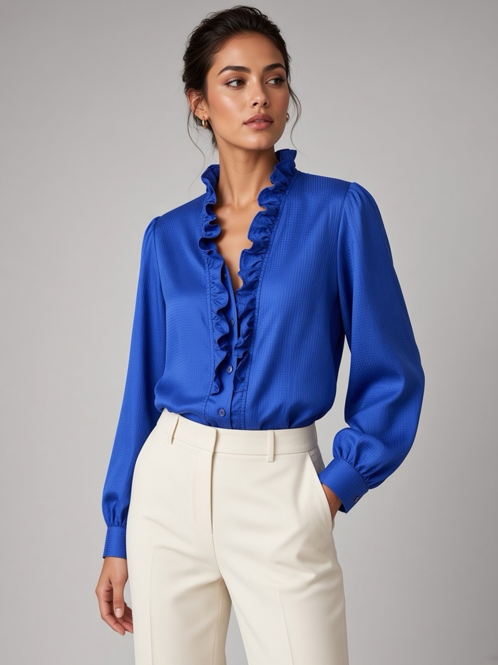 Vintage Judy Bond Royal Blue Ruffle-Front Blouse 12
